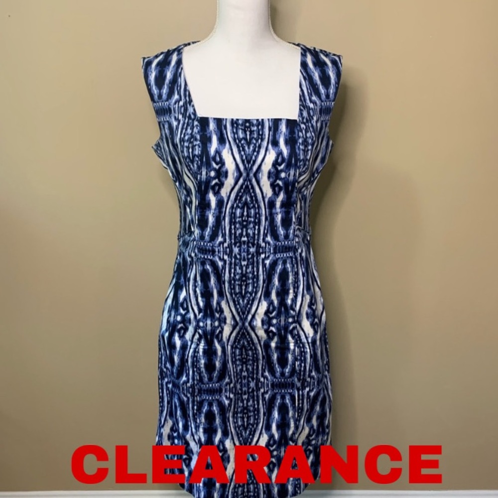 Anne Klein Blue & White Pattern Square Neck Dress